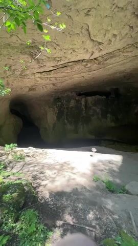 The video shows the inside of a large natural cave with a river flowing through it. The cave has a large, rocky ceiling and walls, with patches of green moss. Light streams into the cave, illuminating the sandy ground and the river flowing through. The river is calm and reflects the sky. Green vegetation grows outside the cave entrance, framing the view.