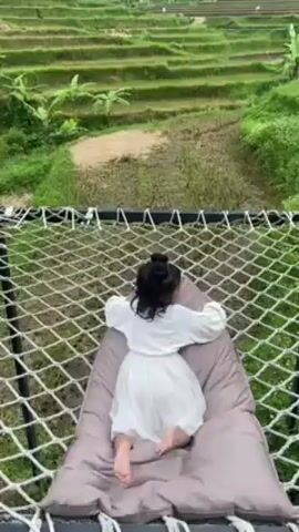 The video shows a young girl lying on a large hammock positioned over a lush, green rice paddy. The hammock is made of a thick white rope net strung within a dark metal frame that is attached to a wooden platform. A large, flat, gray cushion is placed on the hammock. The girl is dressed in a white outfit and has her hair pulled up in a bun. She lies on her stomach with her arms extended above her head. The rice paddy stretches out in the background, a series of stepped terraces filled with bright green vegetation. Beyond the rice paddies, a distant mountain range can be seen under a cloudy sky.