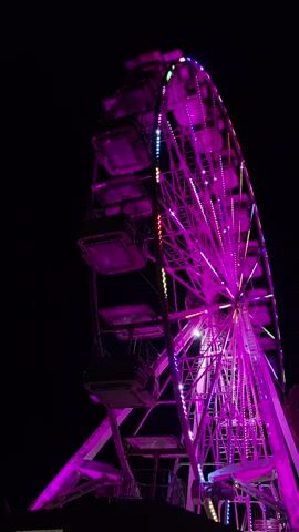 The video shows a Ferris wheel at night. The Ferris wheel is illuminated with pink lights and has several passenger cars. The sky is dark, indicating it is nighttime. The Ferris wheel appears to be stationary.