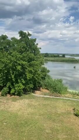 The video shows a wide shot of a lake with a wooden dock. There are trees and grass in the foreground, and the sky is cloudy. The water appears to be calm, with some green algae visible. A small building with a dark roof is visible on the right side of the frame. The overall impression is one of a peaceful, natural setting.