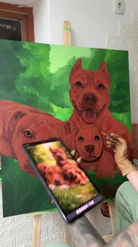 Artist paints pitbull portrait using tablet reference in Bulgaria