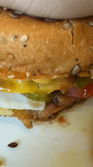 Person enjoys cheeseburger meal in Erba, Italy