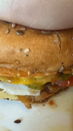 Person enjoys cheeseburger meal in Erba, Italy