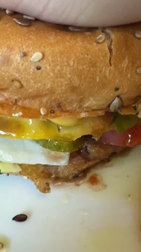 Person enjoys cheeseburger meal in Erba, Italy