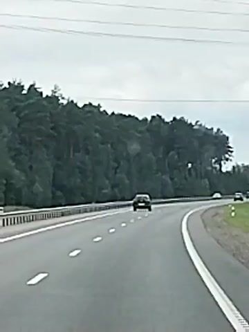 A camera is positioned inside a vehicle traveling on a highway. The highway has multiple lanes separated by white dashed lines, and a solid white line on the right edge. A guardrail is visible on the left side of the road, bordering a dense forest. Several vehicles are on the highway ahead, including a dark-colored SUV in the center lane. The sky is overcast, and the overall lighting suggests daytime. The camera view is angled slightly downwards, indicating the perspective from the driver's seat.