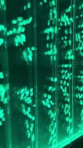 This is a video of a bubble wall. The bubble wall has multiple vertical tubes filled with water and illuminated by changing colored lights. In the first half of the video, the lights are a vibrant green, and the bubbles are visible as small, irregular shapes rising and falling within the tubes. The bubbles appear to be a light, translucent material, possibly plastic or acrylic. The background is dark, creating a strong contrast with the illuminated tubes and bubbles.

In the second half of the video, the lights shift to a deep blue. The bubbles continue their movement within the tubes, appearing more luminous against the darker blue background. The lighting creates a sense of depth and movement within the wall.

There are no people or animals visible in the video. The setting appears to be an indoor environment, possibly a public space like a lounge, spa, or entertainment venue, given the decorative nature of the bubble wall. The lighting suggests the time of day is not a factor, as the environment is artificially lit. The overall mood is calming and mesmerizing due to the gentle movement of the bubbles and the ambient lighting. There is no visible text in the video. The location context provided is Izmail, Ukraine.