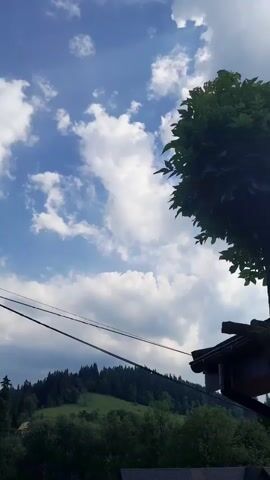 This is a vertical video showing a cloudy blue sky above a lush green mountainside. A large tree with dark green leaves dominates the right side of the frame, its branches reaching towards the sky. In the foreground, a dark wooden structure, possibly part of a house or shed, is visible with a sloped roof. Several dark power lines stretch horizontally across the middle of the image, obscuring the view of the mountains behind them. The mountains are covered in dense evergreen trees, with some patches of lighter green, suggesting rolling hills and meadows. The sky is filled with scattered, fluffy white clouds, indicating fair weather. The overall impression is one of a serene, natural landscape, likely in a rural or mountainous area. The lighting suggests it is daytime, possibly late morning or early afternoon, given the brightness of the sky and the shadows cast. The location is identified as Gliczarów Górny, Poland, which aligns with the mountainous terrain and evergreen forests depicted. There is no visible text in the video.