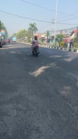 A person wearing a helmet and a checkered shirt rides a scooter down a paved road. The road is lined with trees and buildings. The sky is clear and the sun is shining.
