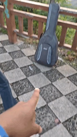 Person points to guitar case near fence in Shapingba District
