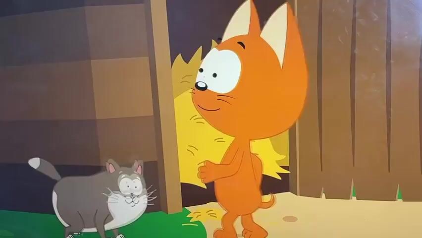 A gray cat with wide eyes and an orange cat with a wide smile are in front of a barn with hay. The gray cat approaches the orange cat. The orange cat hugs the gray cat. The gray cat leans into the hug. The orange cat releases the gray cat. The gray cat looks up with wide eyes.