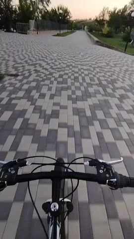 A first-person perspective video shows a person riding a bicycle on a paved path. The path is made of gray and white square tiles laid in a geometric pattern. Trees and grass line the sides of the path. In the distance, the path curves and leads toward a hill. The sky is visible above the trees, and it appears to be either sunrise or sunset. The handlebars of the bicycle are visible in the foreground. There are no other people or objects visible in the video besides the bicycle and the park environment.