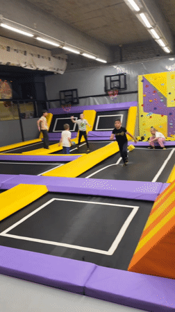 Children play at indoor trampoline park in Shumen