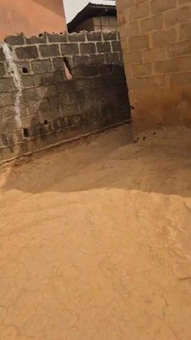 The video shows an exterior shot of a dirt yard enclosed by two brick walls, followed by a close up of a woman. The yard is sandy, with visible tracks, enclosed by a darker grey block wall and a lighter, tan-colored brick wall. The woman is wearing a black t-shirt and a necklace. She purses her lips upward, then sticks her tongue out, and finally smiles. Her hair is short and light colored, and she has a nose piercing. The background behind her is a grey block wall and white sky with telephone wires.