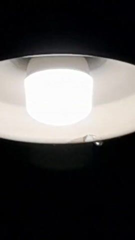 Here's a description of the video:

The video shows a close-up shot of a lit lightbulb inside a white lampshade. The background is completely dark, drawing focus solely on the illuminated light source. The camera appears to be positioned beneath the lampshade, looking upwards. There is a small imperfection or stain visible on the lampshade near the edge, under the lightbulb. The camera goes out of focus.