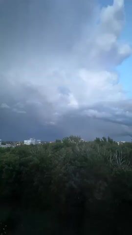 The video shows a sky with dark clouds gathering over a line of trees and buildings. The clouds are thick and appear to be moving, with some areas of lighter color, possibly from sunlight breaking through or reflecting. The trees are dense and dark green, and some buildings are visible in the distance, appearing white and boxy. The overall scene suggests an approaching storm or a change in weather.