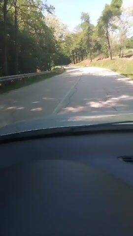 The video shows a view from inside a car driving on an asphalt road. The road is surrounded by trees on both sides. The sky is visible and appears to be clear. The car's dashboard is visible, and the car is moving. The road has a painted white line down the center. A metal guardrail is seen on the left side of the road. There are patches of sunlight and shadow on the road. The car's odometer is briefly visible.