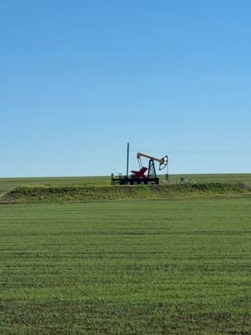 The video depicts an oil pumpjack in operation in a rural environment. The pumpjack, painted with red, yellow, and green elements, is set against a backdrop of a vibrant green field, likely a cultivated agricultural area. A grassy verge and a power pole with an attached line sit immediately behind the oil pump, all under a cloudless, light blue sky. The pumpjack’s rhythmic pumping motion is visible, contrasting with the still, serene setting of the field.