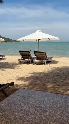The video shows a beach scene with several lounge chairs and umbrellas on a sandy beach. The ocean is visible in the background, with a few people swimming or relaxing in the water. The sun is shining, and the sky is blue with some clouds. In the foreground, there are lounge chairs on the sand. The camera pans across the scene, showing more lounge chairs, trees, and people in the distance. The overall atmosphere is relaxed and tropical.