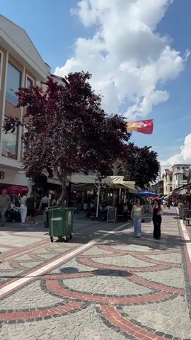 A daytime outdoor shot displays a bustling pedestrian street with cobblestone pavement featuring a red and black decorative pattern. Buildings line both sides of the street, housing shops and cafes with awnings and outdoor seating where people are present. A large, red and yellow banner with a crest (resembling the Galatasaray football club logo) is suspended across the street, swaying slightly in the breeze. A tree with dark red foliage stands on the left, next to a green trash bin. Two women walk towards the camera in the midground, one wearing light-colored pants and a yellow top, and the other in dark pants and a dark top. In the final moments of the video, a woman in dark clothing walks from left to right across the foreground. The sky is bright blue with white clouds.