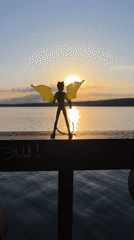 Toy figures photographed against sunset backdrop in Chaikovsky Russia