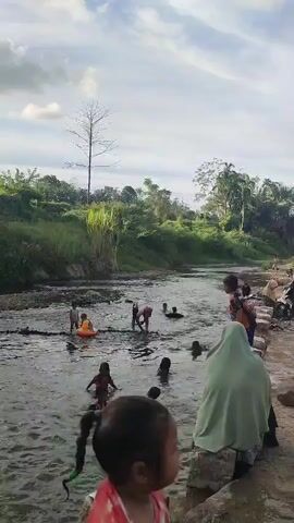 A group of children are playing in a shallow, rocky river on a partly cloudy day. The water is clear and the riverbed is visible. On the left bank, dense green foliage and tall reeds grow. A single bare tree stands prominently on the bank. On the right bank, a few adults are visible, and a path runs along the edge of the water. Several children are splashing and playing in the water. One child is holding onto an orange inflatable ring. Another child appears to be sitting in the water. The overall atmosphere seems to be one of relaxed outdoor recreation.