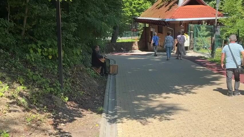 The video opens with a wide shot of a paved walkway in a park-like setting. On the left, a person sits on a patch of grass and plays an acoustic guitar. Several people are walking away from the camera on the walkway. In the background, there is a small building with a red roof and trees. The camera pans to the right, showing more people walking and the walkway curving. The scene then shifts to focus on a large wooden carving of a bear standing next to a wooden fence. A man in a light-colored shirt and hat is standing in front of the bear, holding up a smartphone as if taking a selfie. He then turns and appears to be wiping the bear with a cloth. Beyond the fence and the bear is a body of water, likely a lake, with trees and hills in the background. There are some buoys in the water and a few people visible in the water. The camera continues to pan right, revealing more of the lake and the surrounding wooded landscape. The video appears to be filmed on a sunny day.