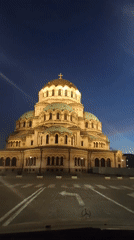 Evening scenes documented around illuminated Alexander Nevsky Cathedral, Sofia