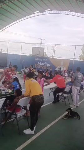 The video captures an indoor scene where children and adults are gathered around tables. A woman in a yellow shirt is helping a child, while other children are seated at tables. An adult is standing behind one of the tables. In the background, there's a blue banner with white text and a basketball hoop. A dog is seen lying on the floor in the foreground. The area appears to be a covered court or recreational space.
