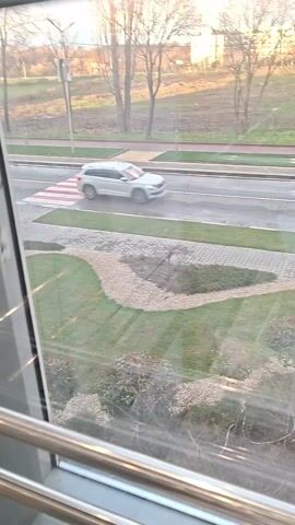 The video shows a view from a high floor overlooking a street. A crosswalk is visible with red and white stripes. There is a grassy area with decorative landscaping between the window and the street. A silver car drives by on the street. Across the street is an undeveloped area with some trees and buildings in the distance. The sky is overcast. The camera pans up to give a better view of the scene. A voice says "Fourth floor."