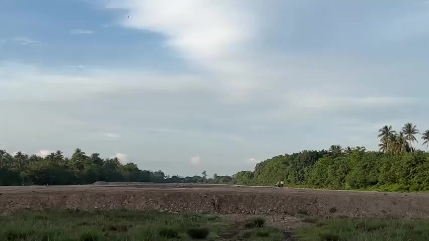 The video shows an outdoor scene with a wide, flat, cleared area in the middle ground, possibly a construction site or an airstrip. The ground is mostly dirt and gravel. On the right side of the cleared area, a single motorcycle with a rider is visible moving away from the camera. The background consists of dense green foliage, including palm trees, lining the edges of the cleared area. The sky is blue with scattered white clouds, and several small dark objects, likely birds, are visible in the sky. The foreground is covered in green grass. The lighting suggests it is daytime, possibly late afternoon or early morning due to the softness of the light. The overall environment appears to be a tropical or subtropical region.