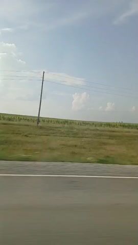 The video shows a view from a vehicle moving along a road. The road is paved and has a white line marking the lane. To the right of the road, there is a grassy field that slopes upwards and appears to be cultivated with rows of crops or plants. In the distance, a line of utility poles with wires stretches across the horizon. The sky is blue with scattered white clouds. The time stamp at the bottom of the screen indicates the video starts at 00:00 and ends at 00:05.