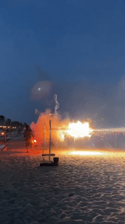 Evening festival with street drummers and beach fireworks in Canet de Mar