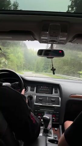 A first-person perspective video shows the interior of a car driving on a winding road through a dense forest. The driver's hands are visible on the steering wheel. The dashboard displays car information and music details. A rearview mirror reflects the driver and a cross hanging from the mirror. The road ahead is curving to the left, with guardrails and trees lining the sides. The weather appears overcast.