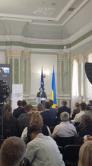 Official address in Kyiv with EU and Ukrainian flags on display