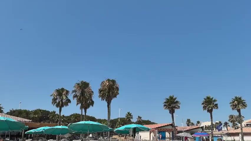 A wide shot shows a beach scene under a clear blue sky. In the foreground, several rows of turquoise beach umbrellas stand on the sand. Behind the umbrellas, there are some buildings with red-tiled roofs and palm trees of varying heights scattered across the landscape. The overall impression is one of a sunny, resort-like environment.