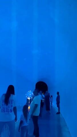 The video begins showing the backs of several people walking down a bright blue, tunnel-like passageway. The walls are vertical and illuminated with a cool blue light. As the camera moves forward, the scene transitions to an underwater environment, simulating a large aquarium. The viewer sees various types of coral, rock formations, and numerous small fish swimming in the blue water. The camera continues to move, providing a sweeping view of the aquarium's inhabitants and scenery, with people visible in the foreground at various points, observing the display. The lighting remains predominantly blue, mimicking the underwater setting.