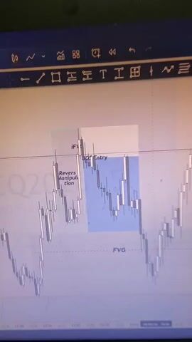 A close-up video shows a screen displaying a financial chart. The chart features candlestick patterns and annotations related to market analysis. Key terms like "Reversal Manipulation," "iFVG," "SOS Entry," and "FVG" are highlighted on the screen, suggesting a discussion or analysis of trading strategies. The background is plain, and the camera seems to be handheld, resulting in slight movements. The overall focus is on the chart and the terms annotated on it.