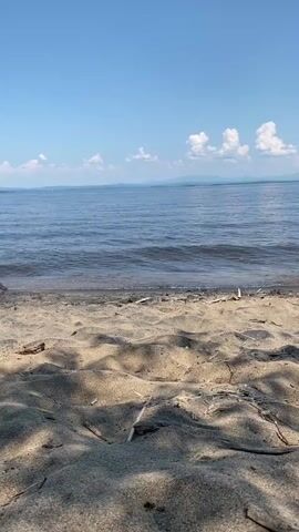 The video shows a close-up view of a sandy beach with gentle waves lapping at the shore. In the foreground, shadows of leaves and branches cast patterns on the sand. The water is a deep blue, and beyond it, a hazy horizon of distant hills or mountains is visible under a clear blue sky with scattered white clouds. The overall impression is one of a peaceful, sunny day at the beach.