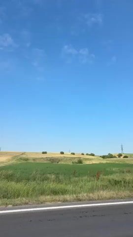 The video captures a scenic drive through the countryside in Salcia, Romania, on a bright, clear day. The camera is positioned from inside a moving vehicle, offering a view of the landscape passing by.

The scene features a clear blue sky with scattered white clouds. Along the side of the road, a silver guardrail is consistently visible. Lush green trees, with leaves swaying slightly in the wind, line parts of the roadside.

The landscape transitions to open fields, predominantly green, suggesting agricultural land, with some areas appearing more golden or light brown. In the distance, numerous tall power lines and electricity transmission towers are dotted across the rolling terrain. Towards the end of the video, a rustic, weathered wooden structure or shack can be seen nestled among the trees and fields. The side mirror of the vehicle is partially visible in the bottom right corner of the frame in the final shot. No people or visible text are present in the video.