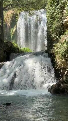 A serene waterfall cascades down tiered rocks surrounded by lush green foliage. Sunlight filters through the trees, illuminating the mist rising from the churning water. The scene is tranquil, with the sound of the falling water creating a natural, peaceful ambiance.