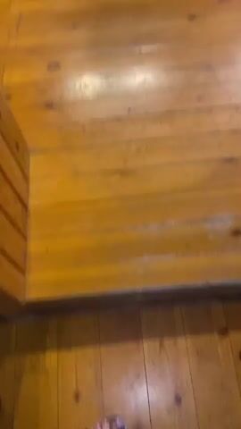 The video begins with a close-up of a wooden floor, then pans up to reveal a room with wooden walls and ceiling. The walls are decorated with taxidermied animal heads, including a wildebeest, an oryx, a zebra, and other antelope species. There are also mounted weapons, such as rifles and bows, displayed on the wall. In the center of the room, a large taxidermied crocodile is positioned on a rocky display with its mouth open. In front of the crocodile, there are two dark wooden benches. The floor is polished wood, and lighting fixtures are visible on the ceiling. The overall impression is that of a trophy room or a museum exhibit focused on hunting or wildlife.