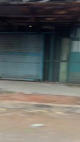 The video shows a blurred view of a street scene, likely captured from a moving vehicle. The environment appears to be urban or semi-urban. Visible elements include a green metal fence, a blue metal gate, trees with green foliage, a concrete sidewalk with a drainage grate, and what looks like a street or road surface. There are also some indistinct objects and debris on the ground. The overall impression is of a fast-moving perspective, with the landscape blurring into streaks of color and form. The lighting suggests it could be late afternoon or early evening. There are no people clearly visible in the footage.