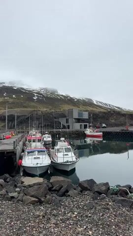 The image captures a serene harbor scene in Bakkagerði, Iceland, under an overcast sky. In the foreground, a rugged rocky shoreline slopes down to the calm, reflective water. Several small boats, primarily white motorboats with some red detailing, are moored at a wooden pier on the left side of the frame. Two boats are prominently featured in the immediate foreground, tied closely together.

Further along the pier, more boats are visible. On the right side of the harbor, a single red boat is anchored. The still water perfectly mirrors the boats, the pier, and the surrounding landscape.

In the mid-ground, a modern, angular building with a concrete facade and large windows stands on a grassy hillside. Beyond this building, the landscape rises steeply into a mountain range, partially covered with patches of snow and dark, possibly volcanic, rock. The sky is a uniform light grey, indicating an overcast day, and there are no strong shadows. The overall atmosphere is tranquil and somewhat remote. No visible text is discernible in the image.