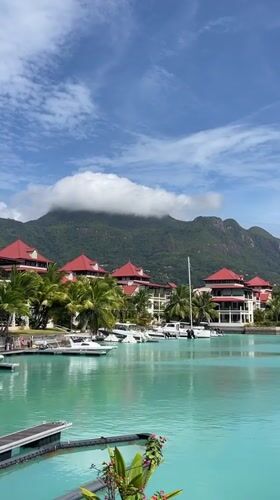 Quiet waterfront pier and docked boats in Seychelles
