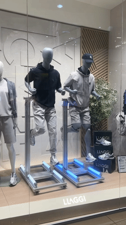 Athletic mannequins displayed in dynamic poses at Pleven store