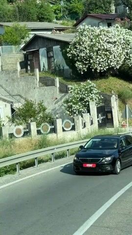This video appears to be filmed from inside a vehicle, likely a bus or large van, as it drives along a paved road. The scene is set in a hilly, Mediterranean-like landscape with lush green vegetation and trees covering the slopes. The day is sunny with a clear blue sky.

The road winds through the scenery, with the camera capturing passing cars and glimpses of houses and structures built into the hillsides. In the foreground, there are guardrails and road markings.

Several cars are visible throughout the video:
- A white Citroën C4 is seen on the right side of the road in the initial frames, displaying a license plate that appears to read "BR DH723".
- A white Volkswagen Polo with a driver visible is seen turning on the road. Its license plate shows "PA 337 BB".
- Another white car, possibly a Renault Clio, is seen on the road.
- A red car, potentially an SUV, is also visible driving on the road.

In the background, we can see houses with stone walls and tiled roofs. There are also large, flowering bushes with white blossoms, adding a vibrant touch to the greenery. One house has an ornate gate with circular emblems. On one of the walls, graffiti-like text is visible, reading "PREMIJER".

The overall impression is that of a scenic drive through a mountainous coastal region on a bright, clear day. The activity is simply traveling by road, observing the surrounding environment and other vehicles. There are no prominent emotions conveyed, as it's a straightforward observational recording of a journey. The time of day is clearly daytime due to the bright sunlight. The presence of Mediterranean vegetation and the mountainous terrain suggest a location like Montenegro, as indicated by the location context provided.