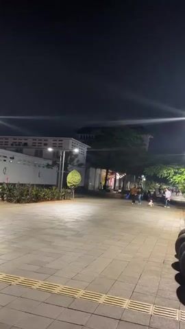 This is a vertical video capturing a nighttime scene on a well-lit pedestrian walkway in West Jakarta, Indonesia. The walkway is paved with large, square tiles and bordered by lush green foliage and trees. Several streetlights illuminate the path, casting bright beams and creating lens flares.

In the foreground, a series of large, dark, spherical objects are visible along the edge of the walkway, possibly decorative elements or planters. A man in a white t-shirt and dark shorts is interacting with a small, light-colored dog on the walkway. Further down the path, other individuals are seen walking and gathering. In the background, buildings with illuminated windows are visible, suggesting an urban setting.

The time of day is clearly night, with the sky dark and artificial lights providing the illumination. The weather appears clear, as there are no visible signs of rain or overcast skies. The overall atmosphere seems relaxed and leisurely, with people enjoying an evening stroll.

A sign is partially visible on the right side of the frame. Though most of the text is out of focus or obscured, the visible portions include what appears to be "A vast collection..." and "...Jakarta, in the spirit of the...", suggesting it might be an informational or promotional sign related to a collection or exhibition in Jakarta. The visible text below that appears to be in Indonesian, with "Koleksi..." and "Batavia dan...", potentially indicating a historical or cultural context related to Batavia (the former name of Jakarta).