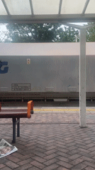 Freight train passes through London station platform