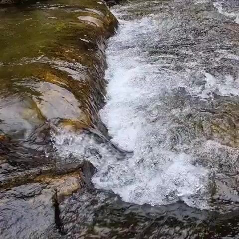 A close-up shot shows a shallow stream flowing over rocks. The water is clear and moves quickly, creating small rapids. The rocks are dark and appear wet. Sunlight reflects off the water's surface, creating a shimmering effect. The overall scene is natural and serene.