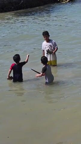 Three young boys stand in shallow, murky water. The boy on the left wears a black and red swimsuit and holds a mobile phone in his right hand. The boy in the middle wears a gray and black swimsuit and holds a rectangular object, possibly a tablet, in his hands. The boy on the right wears a white t-shirt with a green graphic and yellow shorts, and holds a thin stick in his right hand. The water is calm with some ripples. The background shows a rocky shoreline and what appears to be more water.